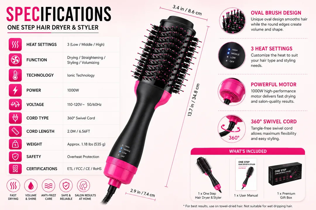 Hot Air Volumizer Brush – 3-in-1 Hair Dryer & Styler with Ionic Technology