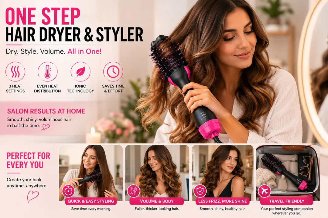 Hot Air Volumizer Brush – 3-in-1 Hair Dryer & Styler with Ionic Technology