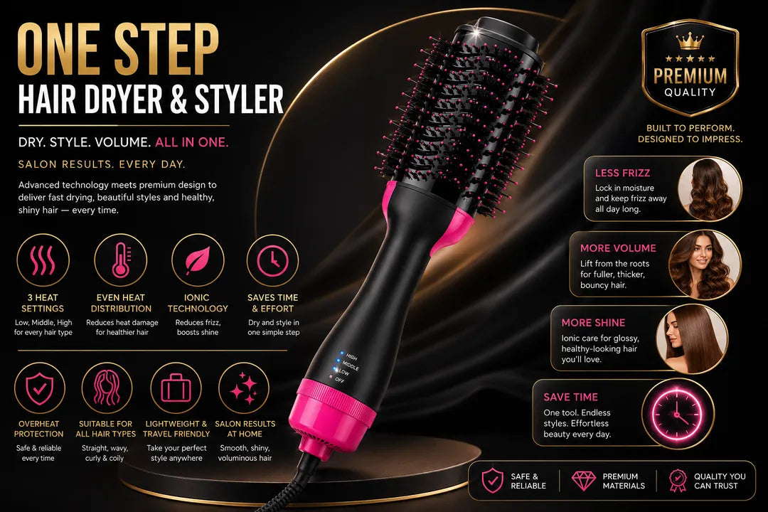 Hot Air Volumizer Brush – 3-in-1 Hair Dryer & Styler with Ionic Technology