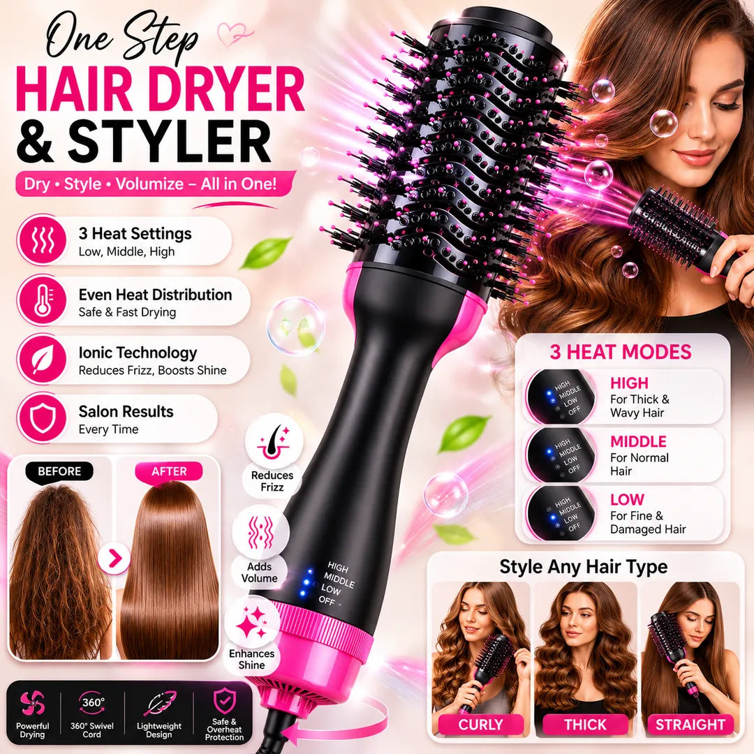 Hot Air Volumizer Brush – 3-in-1 Hair Dryer & Styler with Ionic Technology