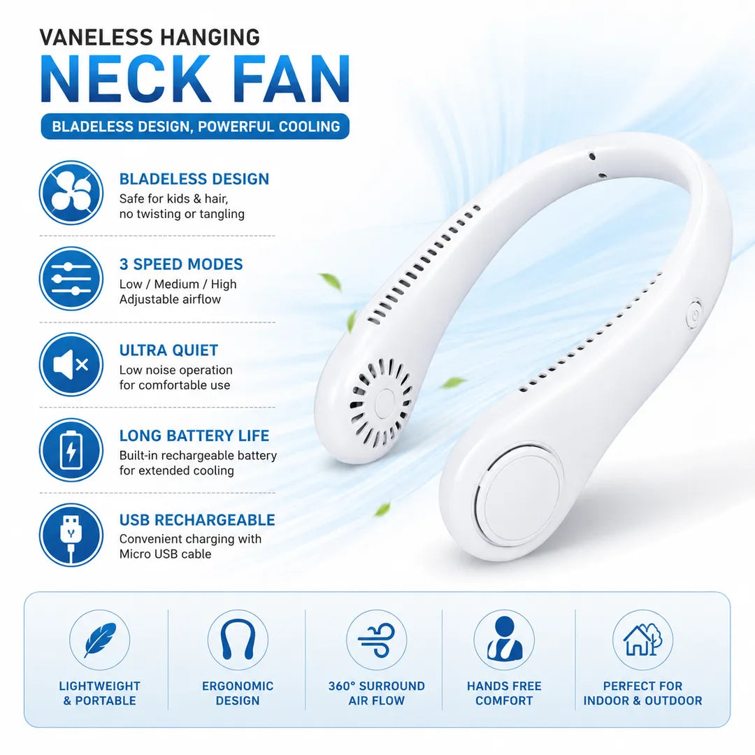 Bladeless Neck Fan – Portable Hands-Free Wearable Cooling Fan, USB Rechargeable