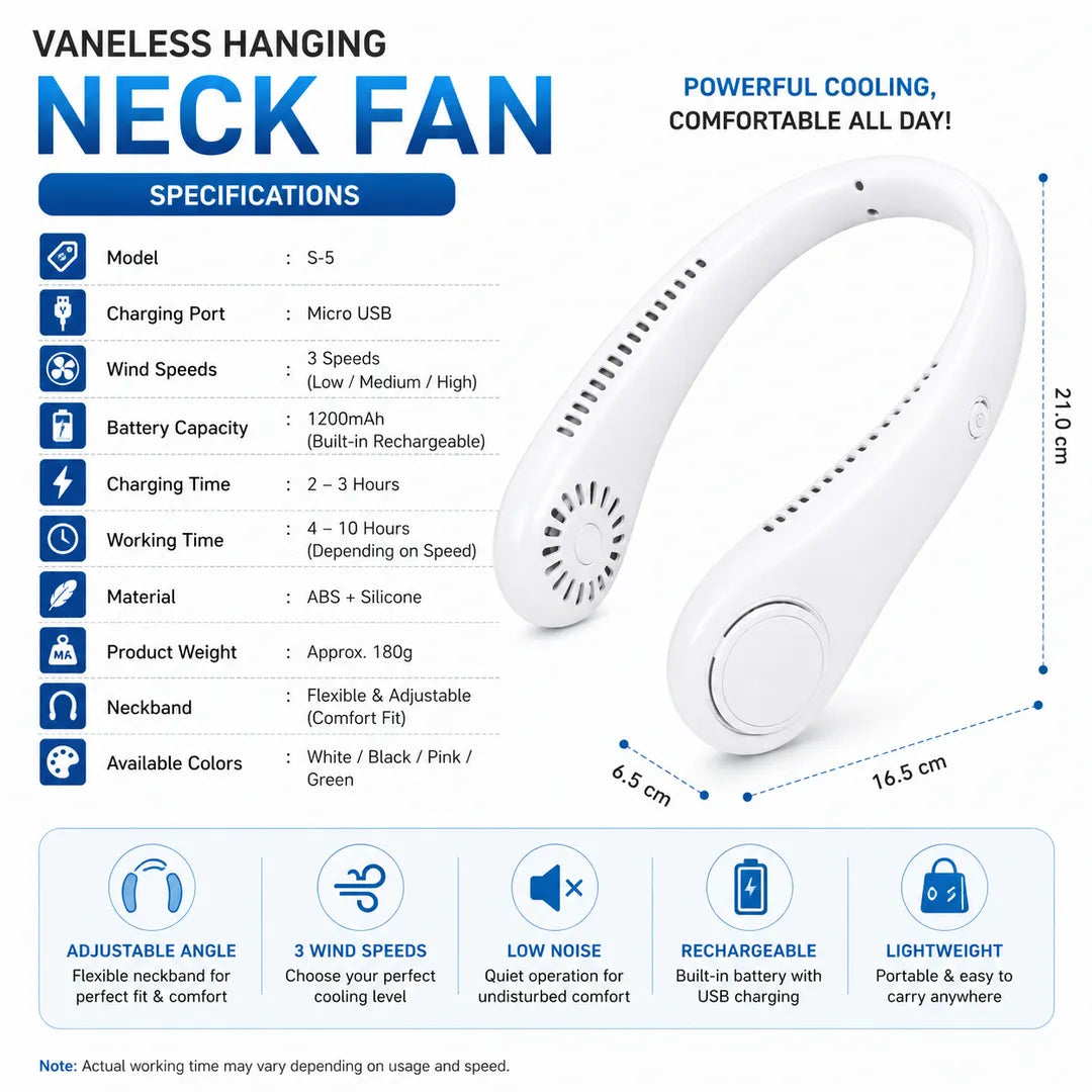 Bladeless Neck Fan – Portable Hands-Free Wearable Cooling Fan, USB Rechargeable