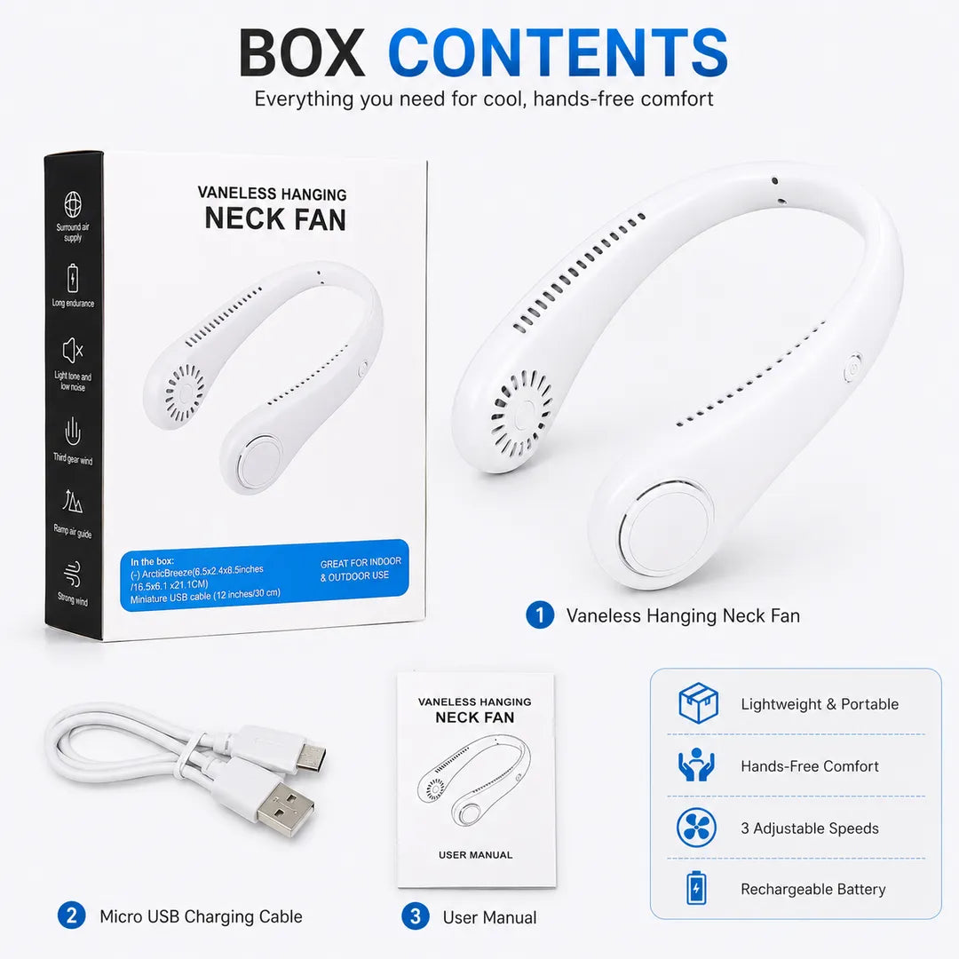 Bladeless Neck Fan – Portable Hands-Free Wearable Cooling Fan, USB Rechargeable