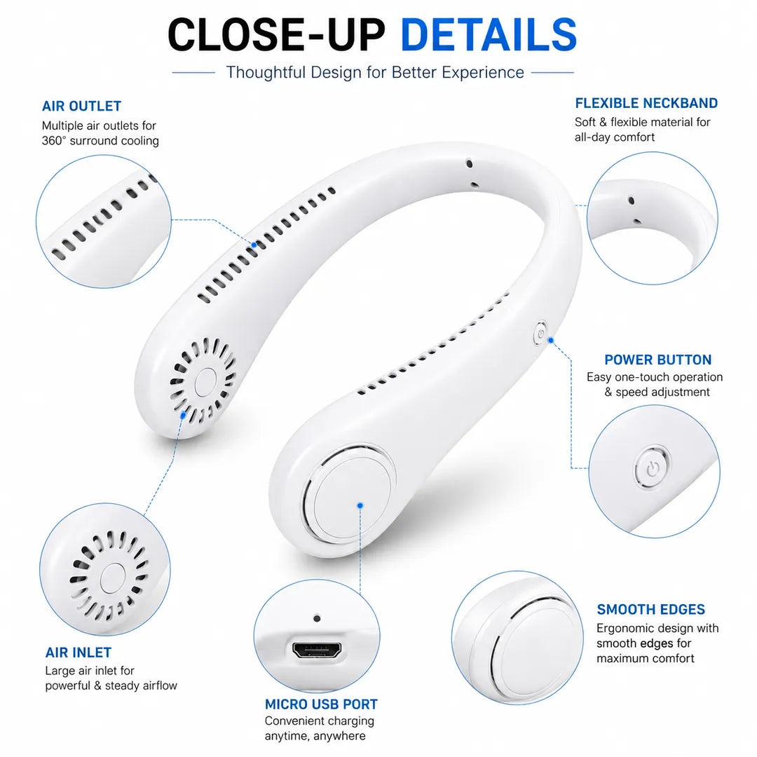 Bladeless Neck Fan – Portable Hands-Free Wearable Cooling Fan, USB Rechargeable
