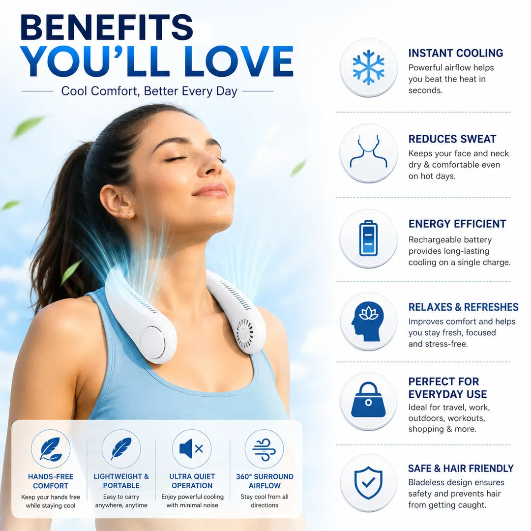 Bladeless Neck Fan – Portable Hands-Free Wearable Cooling Fan, USB Rechargeable