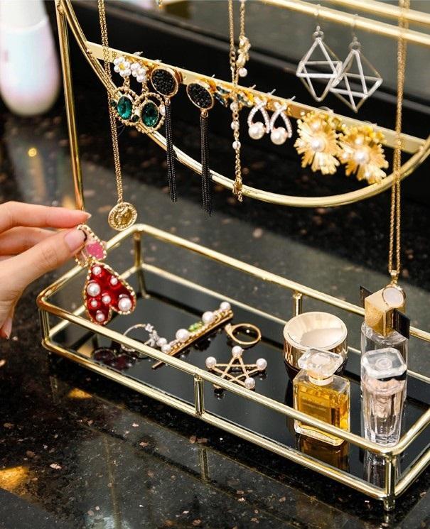 Premium Metal Jewelry Rack Gold Finish Multi-Level Organizer