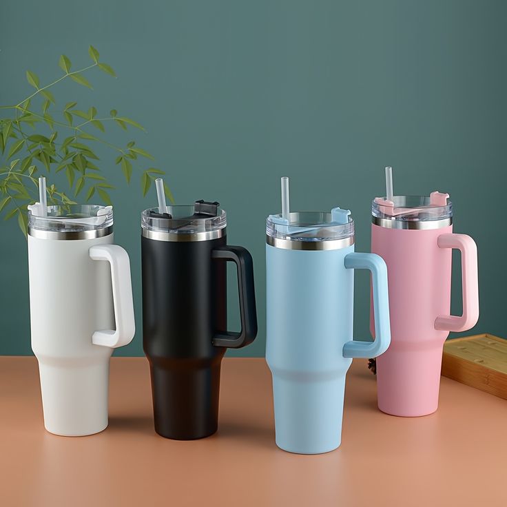 Large Vacuum Insulated Travel Tumbler with Handle & Straw | Stainless Steel Thermal Mug