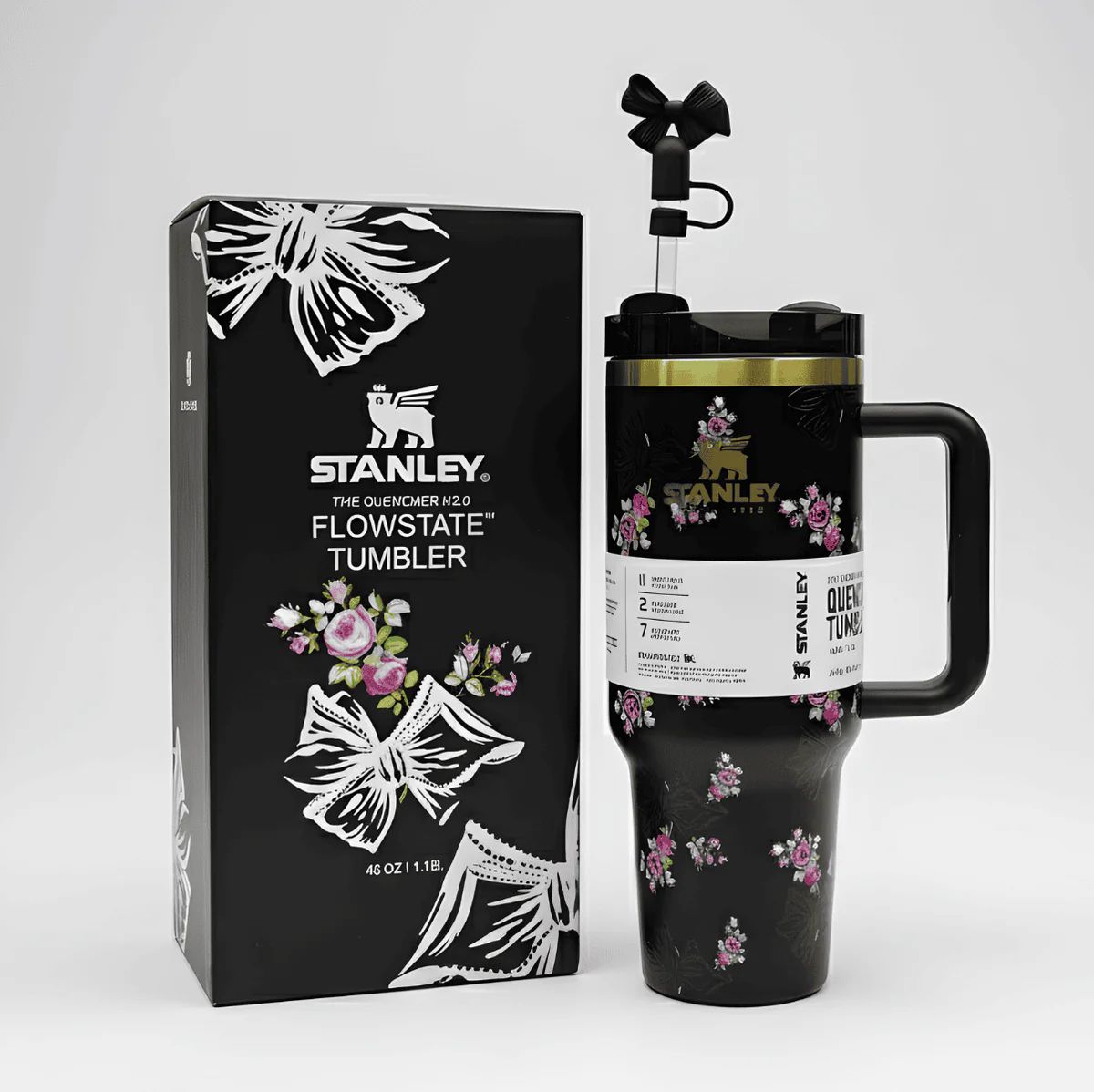 Floral Vacuum Insulated Travel Tumbler with Handle & Straw | Stainless Steel Thermal Mug