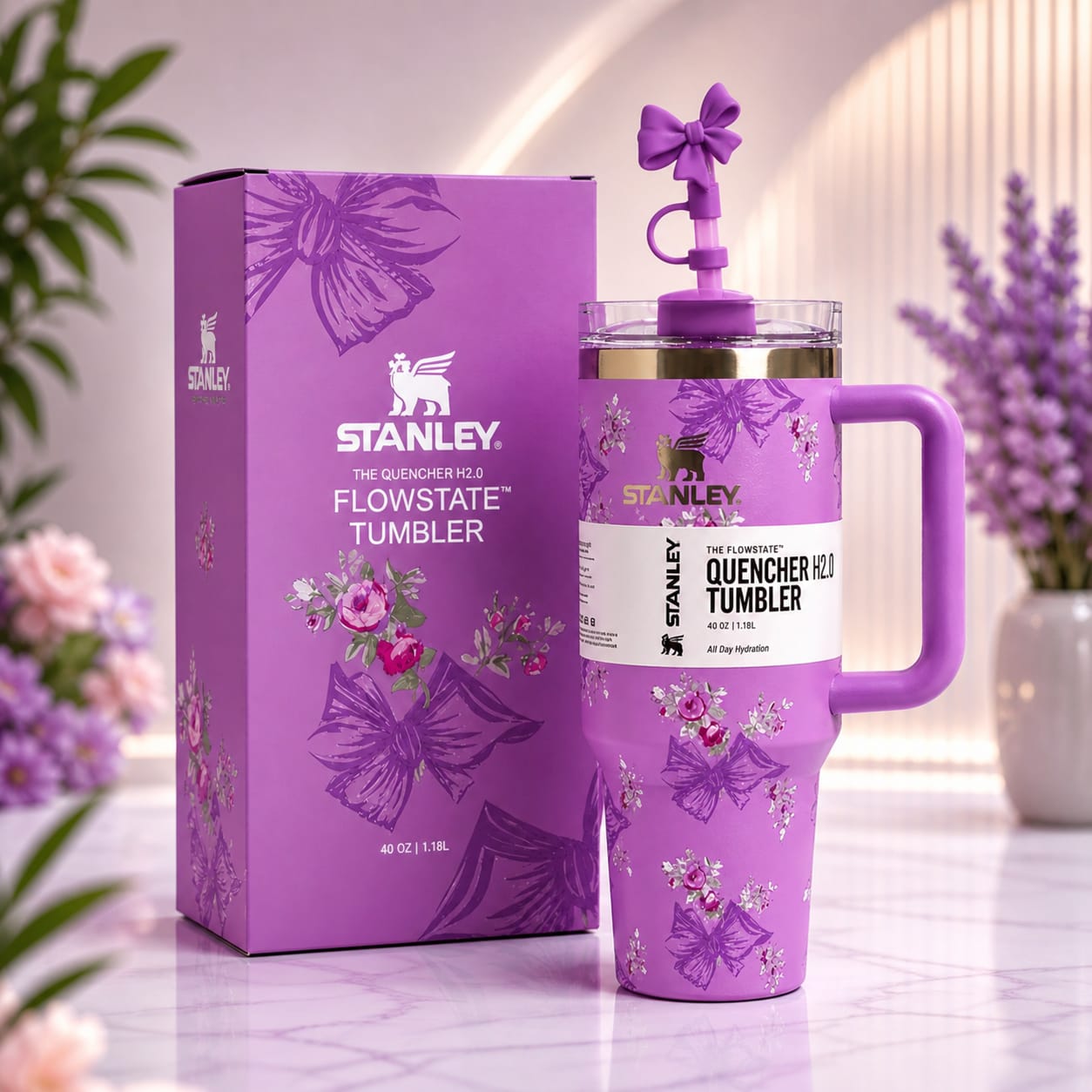 Floral Vacuum Insulated Travel Tumbler with Handle & Straw | Stainless Steel Thermal Mug