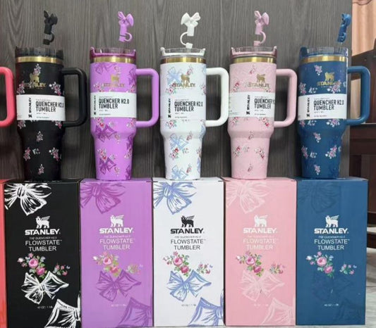 Floral Vacuum Insulated Travel Tumbler with Handle & Straw | Stainless Steel Thermal Mug