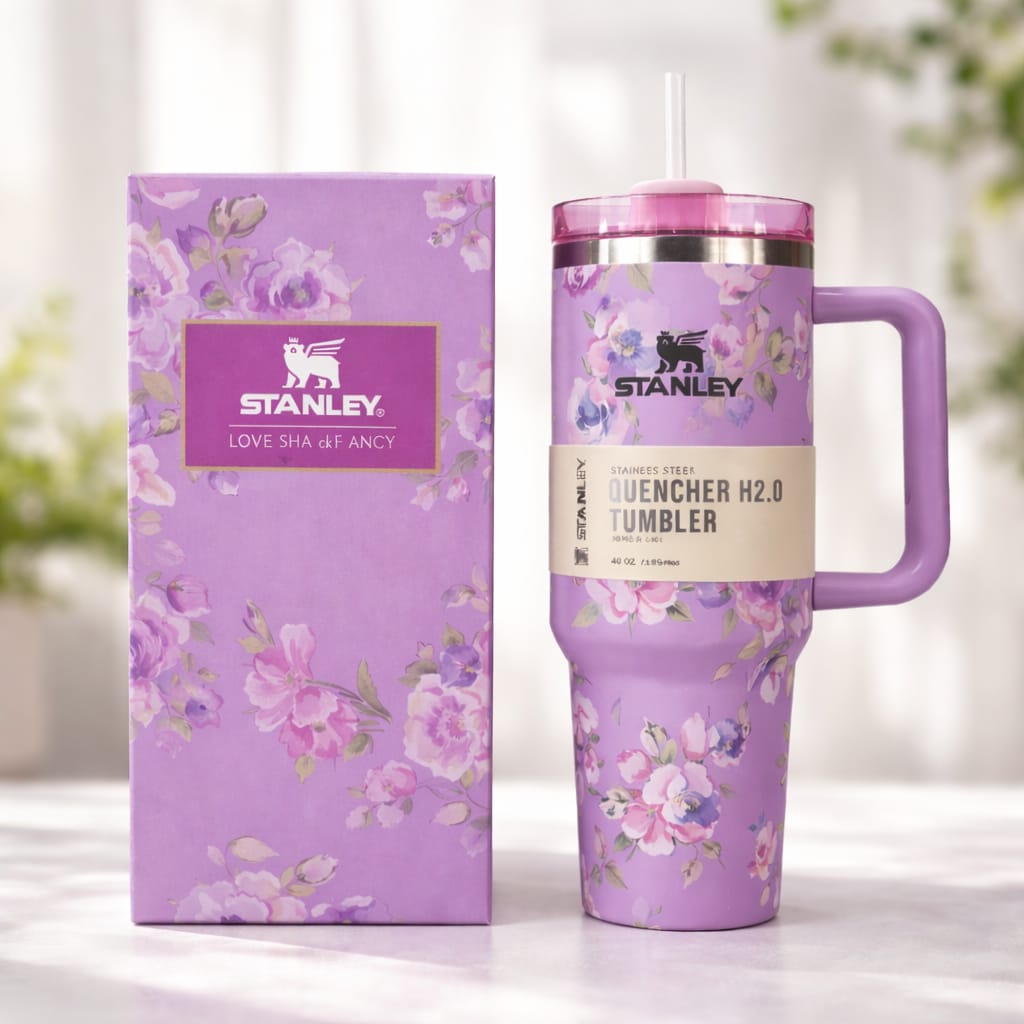 Floral Vacuum Insulated Travel Tumbler with Handle & Straw | Stainless Steel Thermal Mug