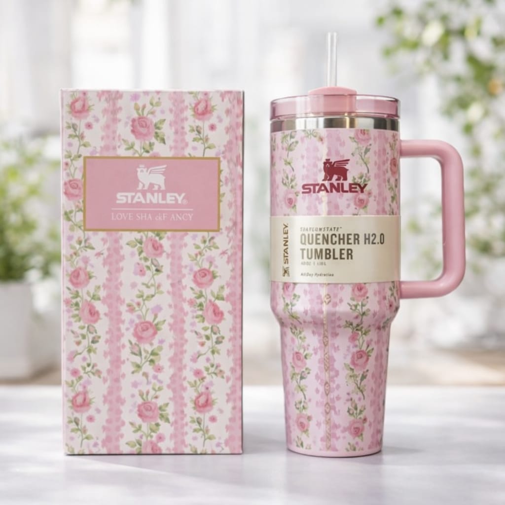 Floral Vacuum Insulated Travel Tumbler with Handle & Straw | Stainless Steel Thermal Mug