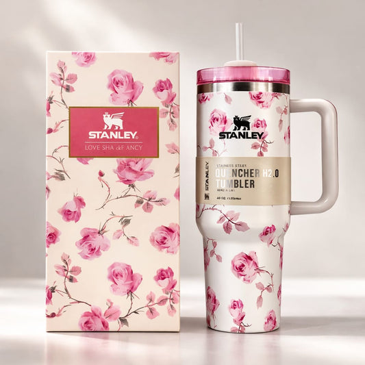 Floral Vacuum Insulated Travel Tumbler with Handle & Straw | Stainless Steel Thermal Mug