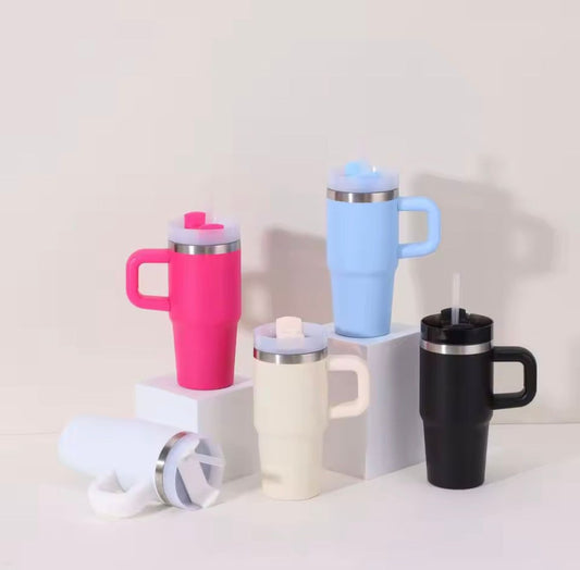 Mini Vacuum Insulated Travel Tumbler with Handle & Straw | Stainless Steel Thermal Mug