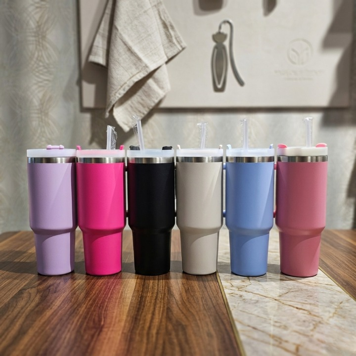Large Vacuum Insulated Travel Tumbler with Handle & Straw | Stainless Steel Thermal Mug